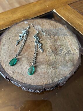 Silver Serpent Drop Earrings with Green Teardrop